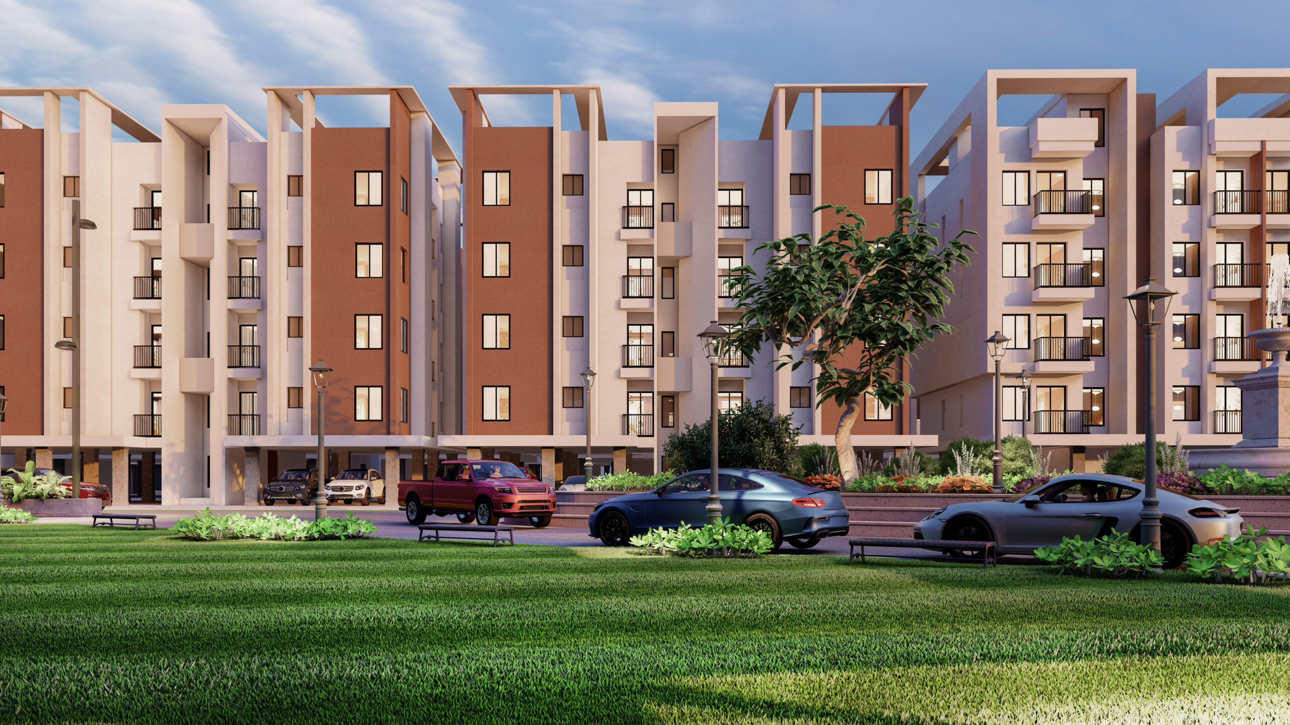 Modern apartment buildings with landscaping