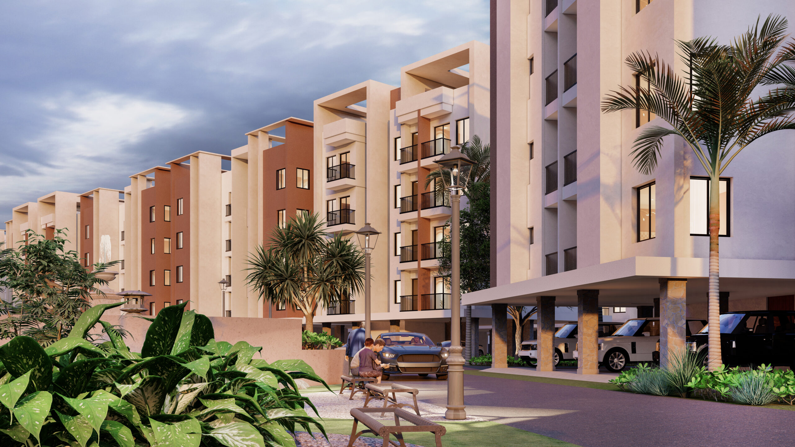 Modern residential buildings with greenery.