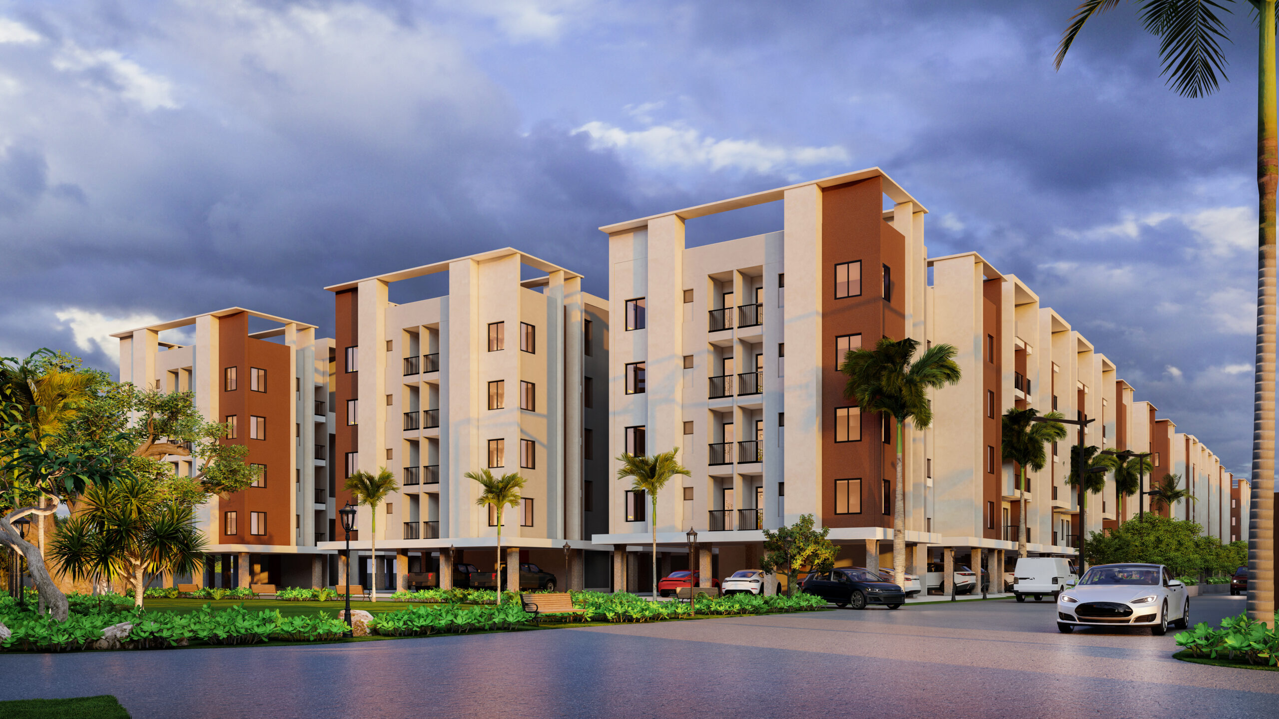 Modern apartment building with landscaping