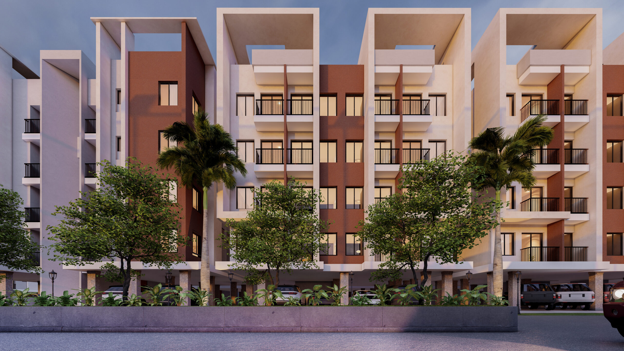 Modern apartment building with greenery